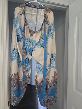 SHEIN Cream and Blue Wide Leg Jumpsuit with Paisley Print